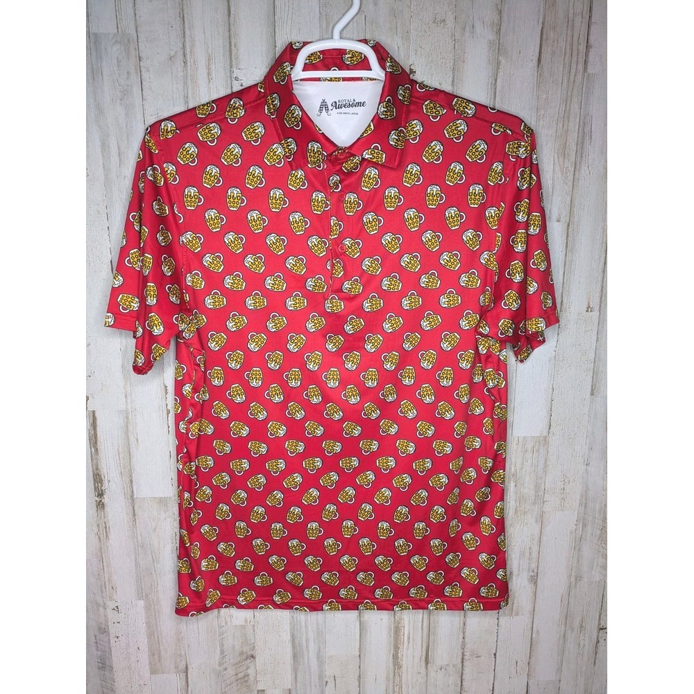 Royal & Awesome Polo Shirt Beer Mug Print Red ‎ Mens Size Large
